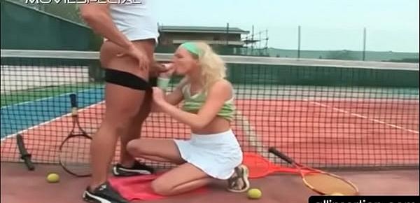  Slim blonde rides cock and gives BJ on tennis field